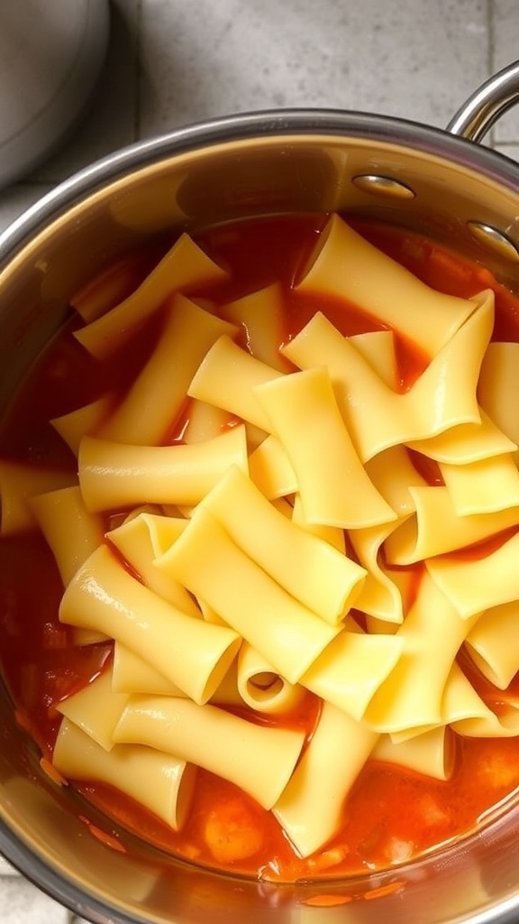 A pot filled with lasagna noodles and tomato sauce, showing the noodles ready to be cooked.