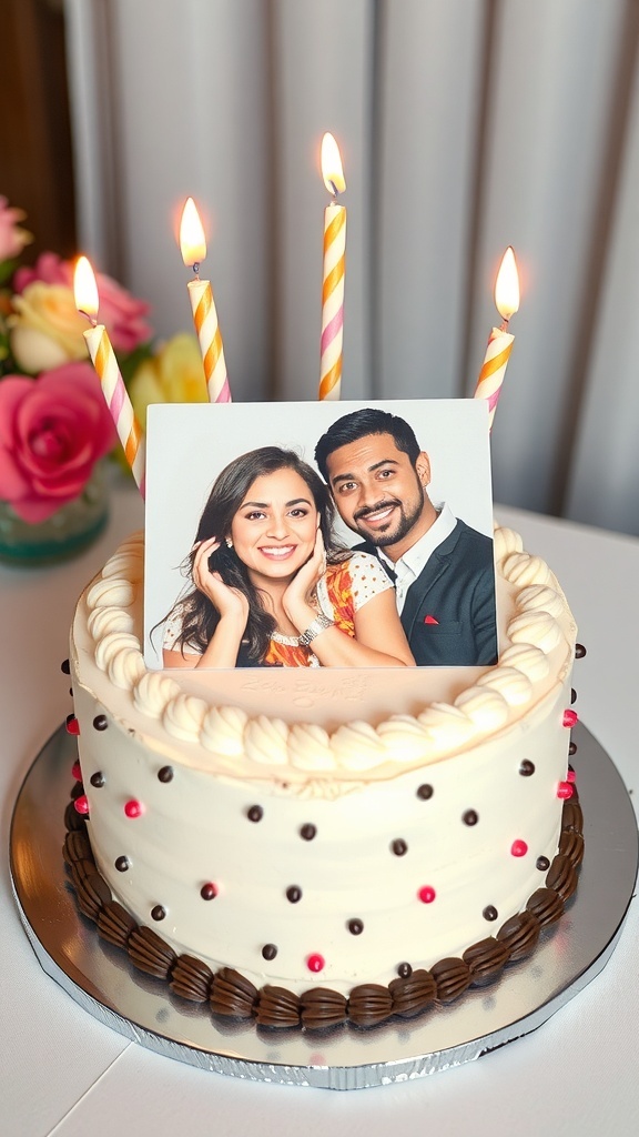 A personalized photo cake with a couple's picture on top, celebrating a birthday.