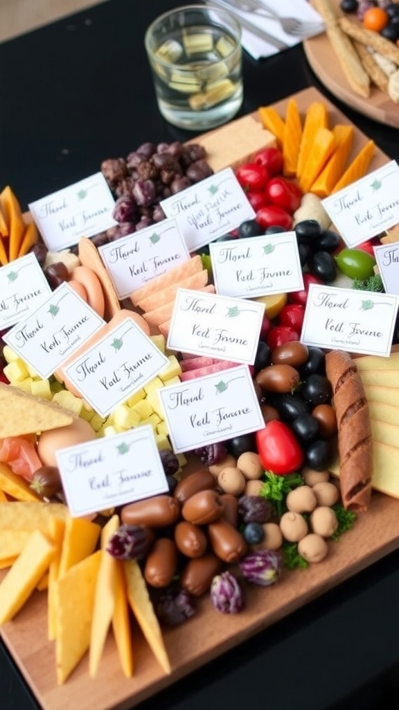 A beautifully arranged Christmas charcuterie board with various cheeses, meats, fruits, and personalized labels.