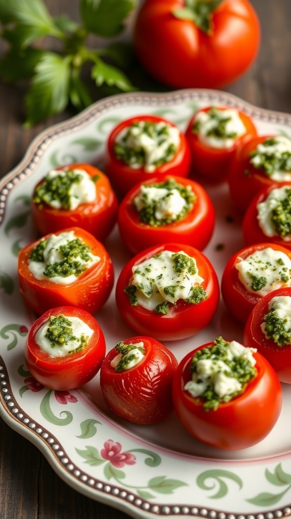 A plate of pesto and goat cheese stuffed cherry tomatoes, beautifully arranged with fresh ingredients.