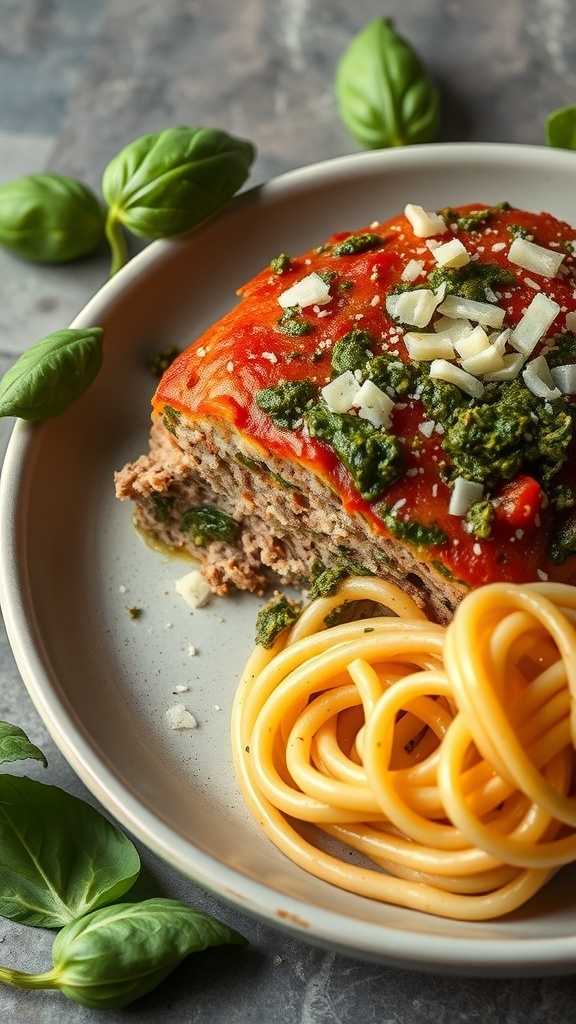 A slice of pesto and parmesan meatloaf served with spaghetti, garnished with basil and cheese.