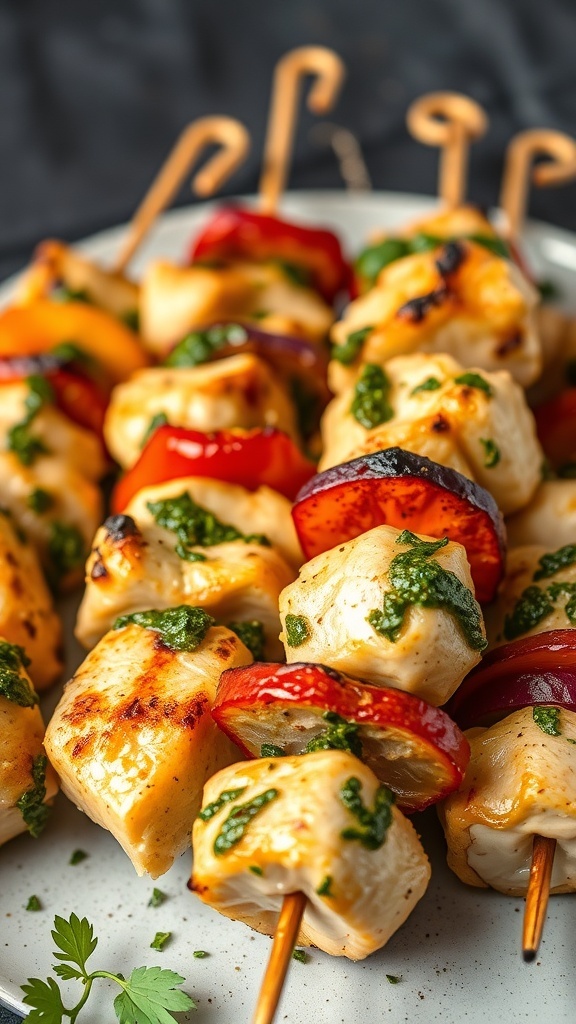 Grilled pesto chicken and vegetable skewers on a plate