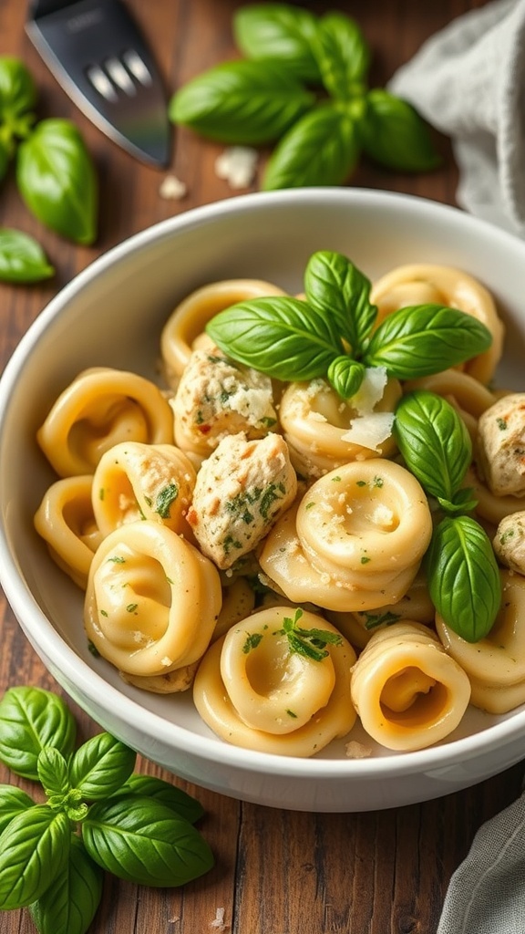 A bowl of pesto chicken tortellini garnished with fresh basil leaves