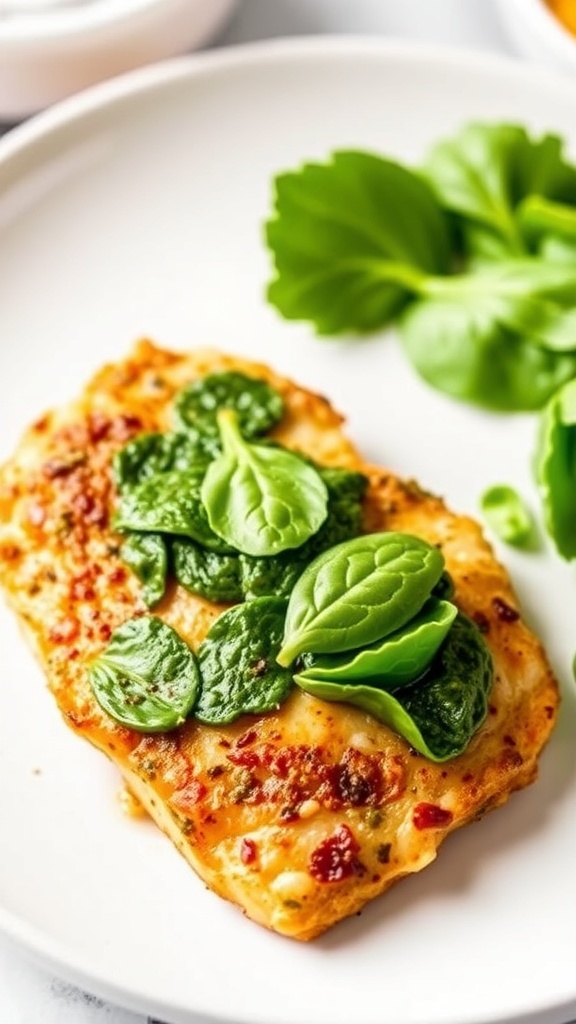 A plate of pesto chicken breast topped with fresh spinach leaves, served with a side of spinach.
