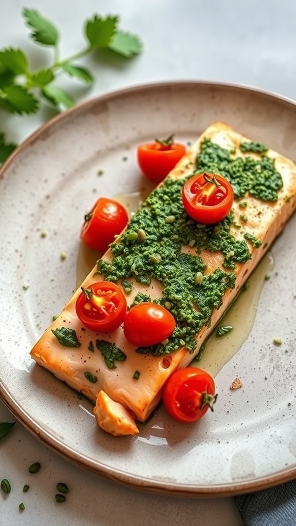 A plate of pesto salmon topped with cherry tomatoes, garnished with herbs.