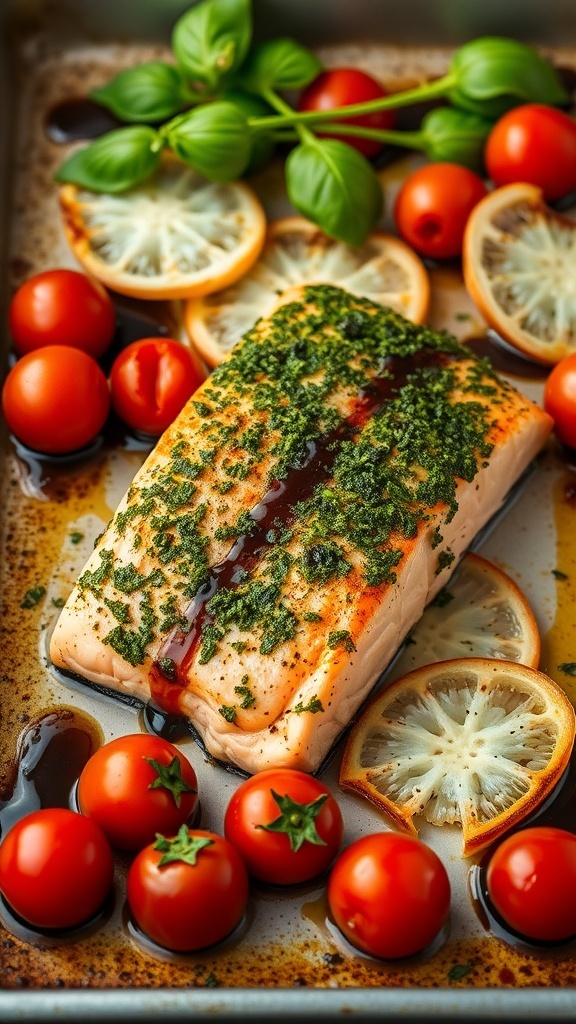 Pesto salmon fillet topped with pesto, surrounded by roasted tomatoes and lemon slices on a baking sheet.