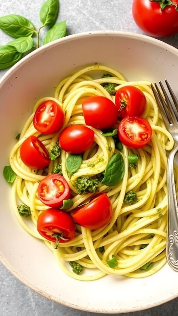 A bowl of pesto zoodles topped with cherry tomatoes and fresh basil