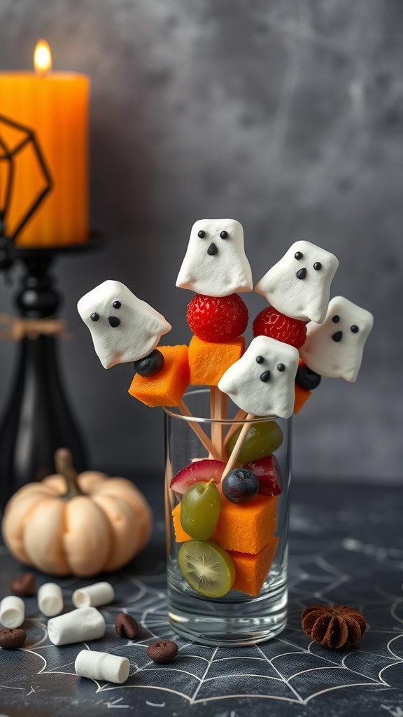 Fruit skewers with marshmallow ghosts, set against a Halloween-themed background.
