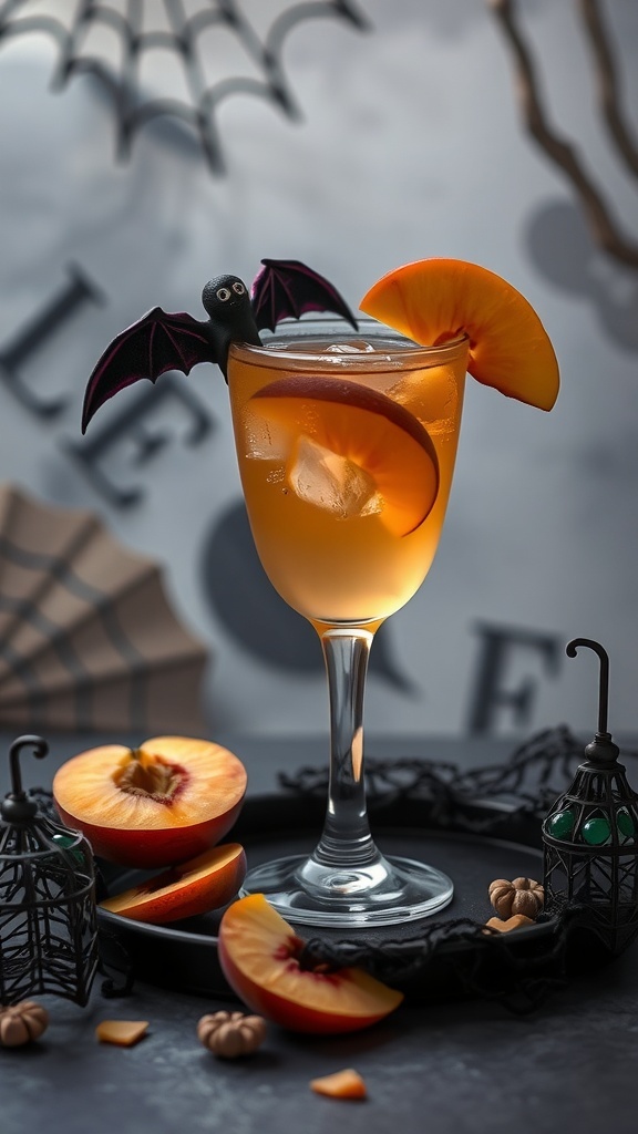A spooky Halloween mocktail called Phantom Peach Iced Tea, garnished with a bat and peach slices.