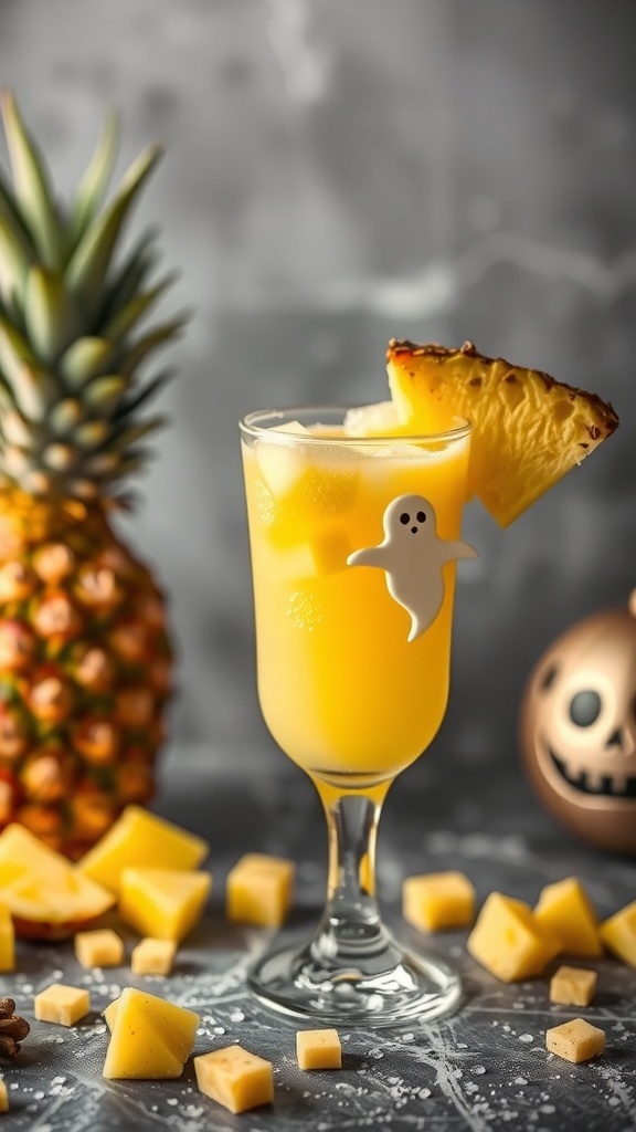 A glass of Phantom Pineapple Punch with a ghost decoration, pineapple slice, and pineapple chunks on a table.