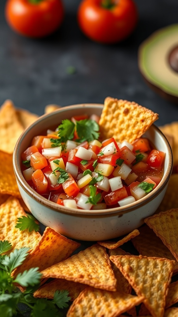 A bowl of Pico de Gallo with diced tomatoes, onions, and cilantro, surrounded by crispy plantain chips.