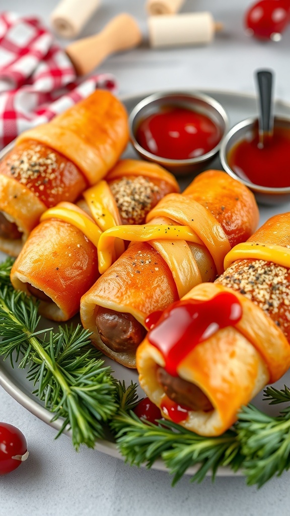 A plate of pigs in a blanket shaped like cute piglets, served with ketchup and garnished with greenery.