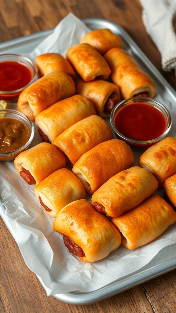 A tray of golden-brown pigs in a blanket served with dipping sauces.