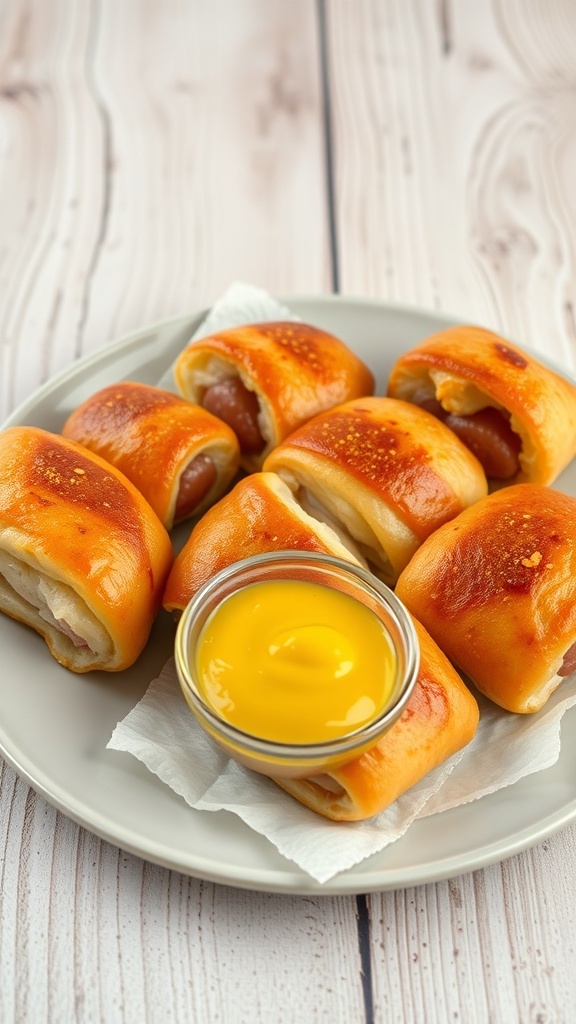 A plate of pigs in a blanket with a small bowl of mustard dip.