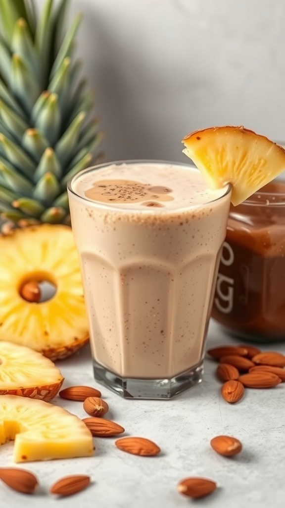 A refreshing Pineapple Almond Butter Smoothie in a glass, garnished with a pineapple slice, surrounded by pineapple slices and almonds.