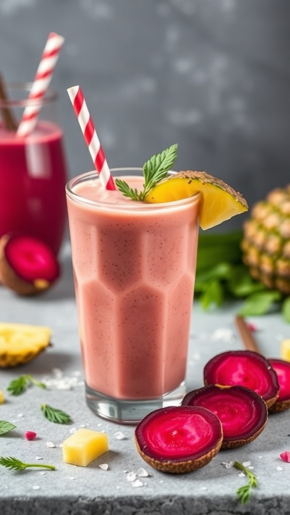 A vibrant pink smoothie made with pineapple and beetroot, garnished with a slice of pineapple and mint.
