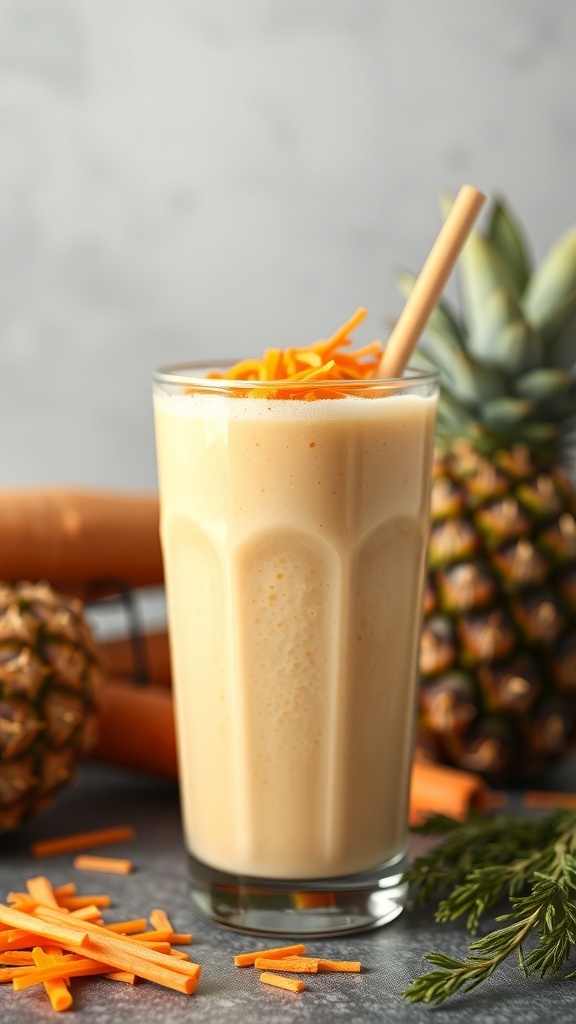 A refreshing pineapple and carrot smoothie in a glass, topped with shredded carrots, surrounded by fresh pineapples and carrots.