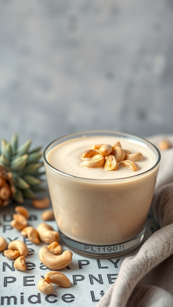 A creamy pineapple and cashew smoothie topped with cashews, beside a fresh pineapple.
