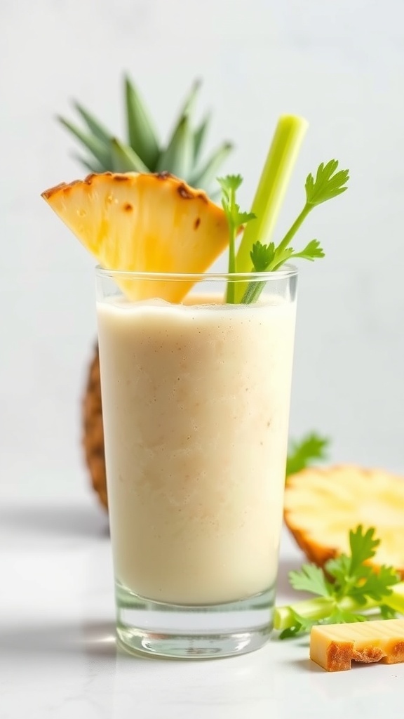 A refreshing pineapple and celery smoothie in a glass, garnished with a slice of pineapple and a celery stick.