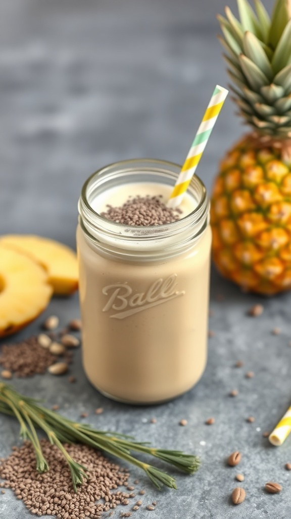 A mason jar filled with a pineapple and chia smoothie, topped with chia seeds and a straw, surrounded by fresh pineapple and chia seeds.