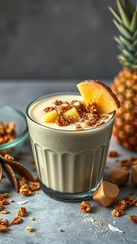 A creamy pineapple and coconut smoothie topped with granola and pineapple chunks, with a whole pineapple in the background.