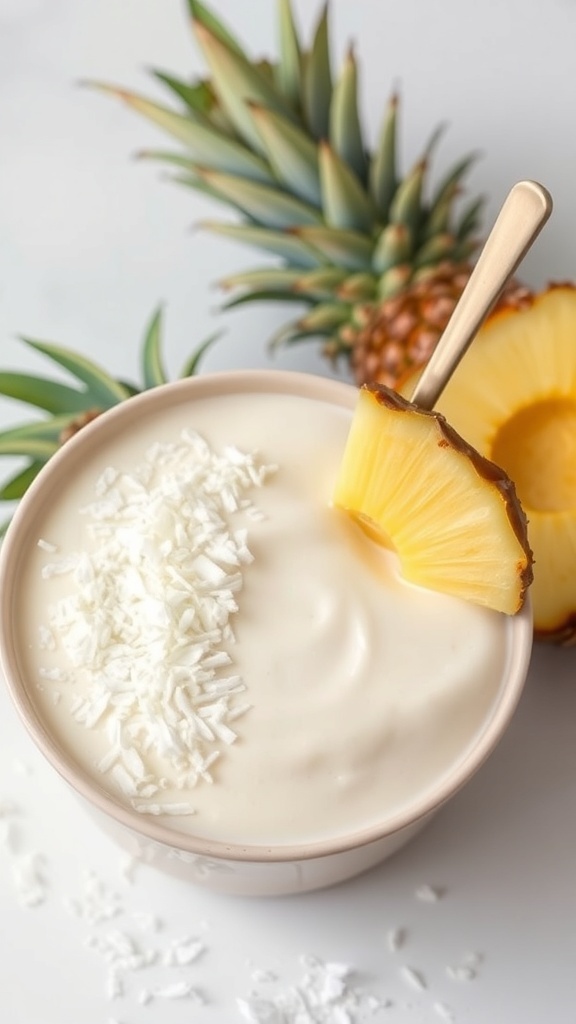 A bowl of coconut yogurt topped with shredded coconut and a slice of pineapple, with fresh pineapples in the background.