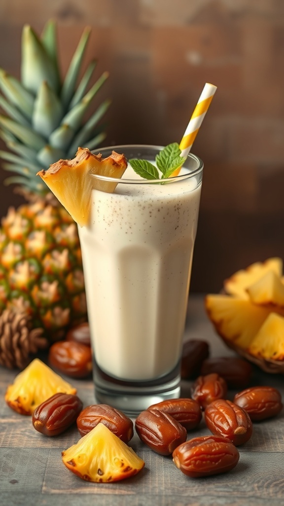 A refreshing pineapple and date smoothie served in a glass with a yellow straw, garnished with a pineapple slice and mint, surrounded by fresh pineapple and dates.