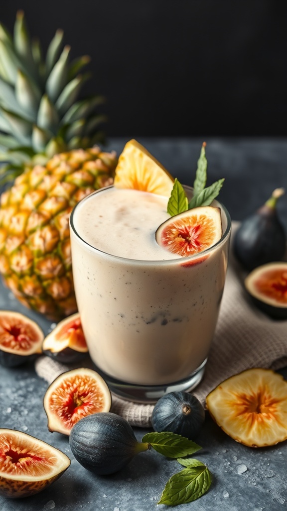 A refreshing pineapple and fig smoothie in a glass, garnished with a fig slice and mint, surrounded by fresh pineapple and figs.