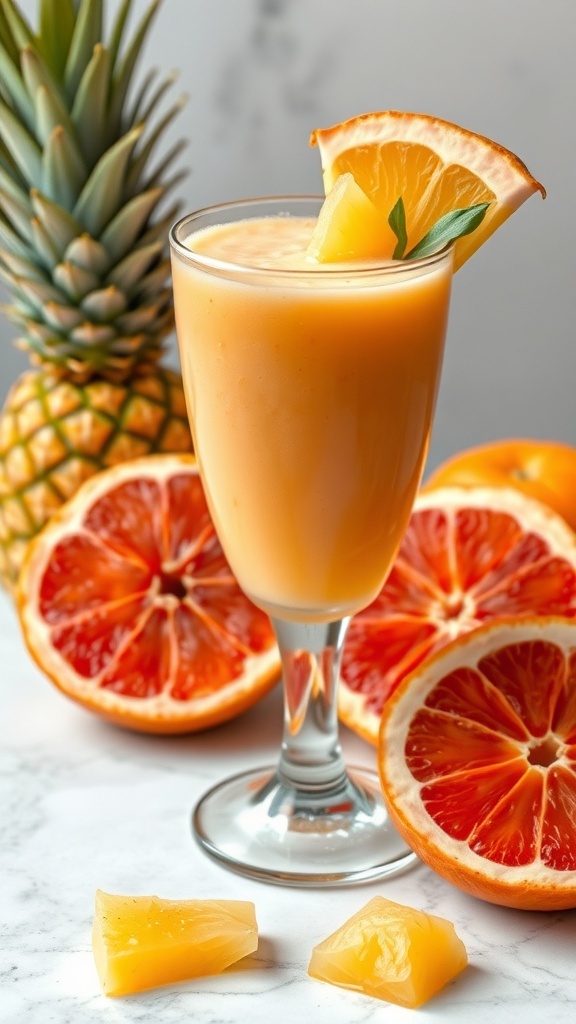 A refreshing pineapple and grapefruit smoothie in a glass, surrounded by fresh fruits.