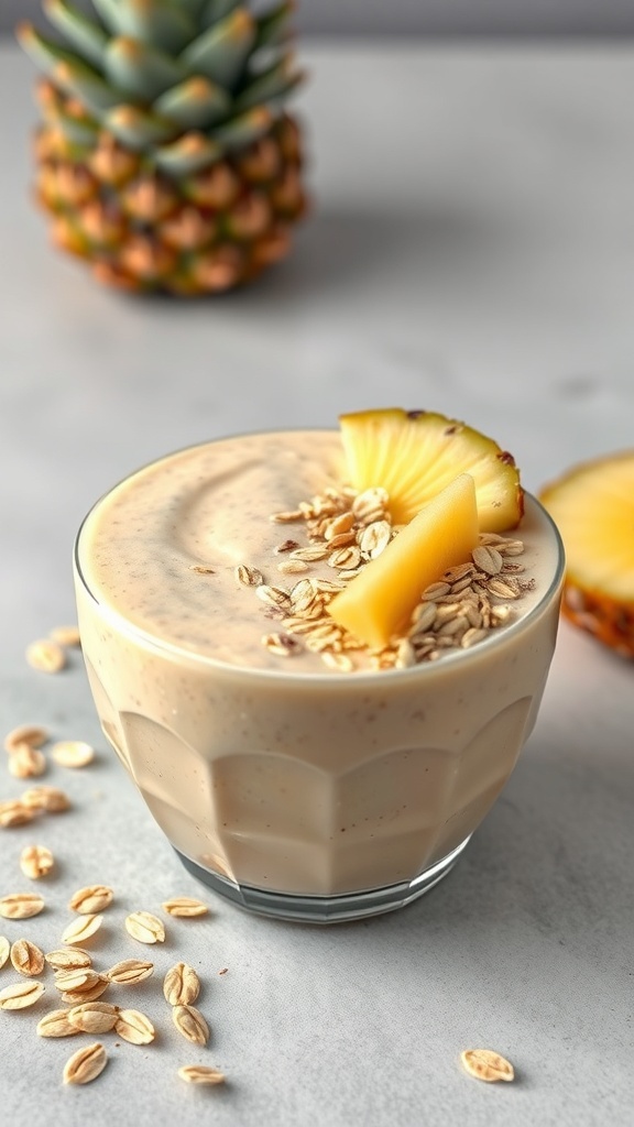 A creamy pineapple and oat smoothie topped with pineapple slice and oats, with a pineapple in the background.