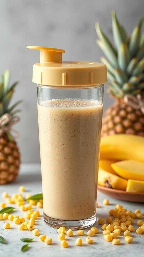 A jar of Pineapple Pea Protein Smoothie with fresh pineapple and green peas in the background.