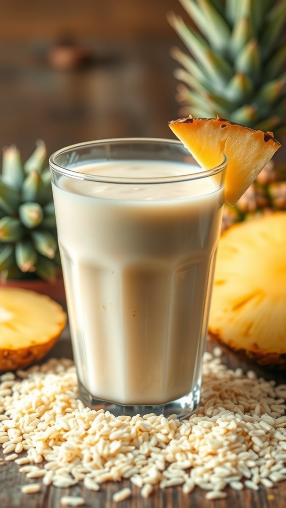 A refreshing pineapple and rice milk smoothie in a glass, garnished with a pineapple slice, surrounded by fresh pineapple slices and rice.