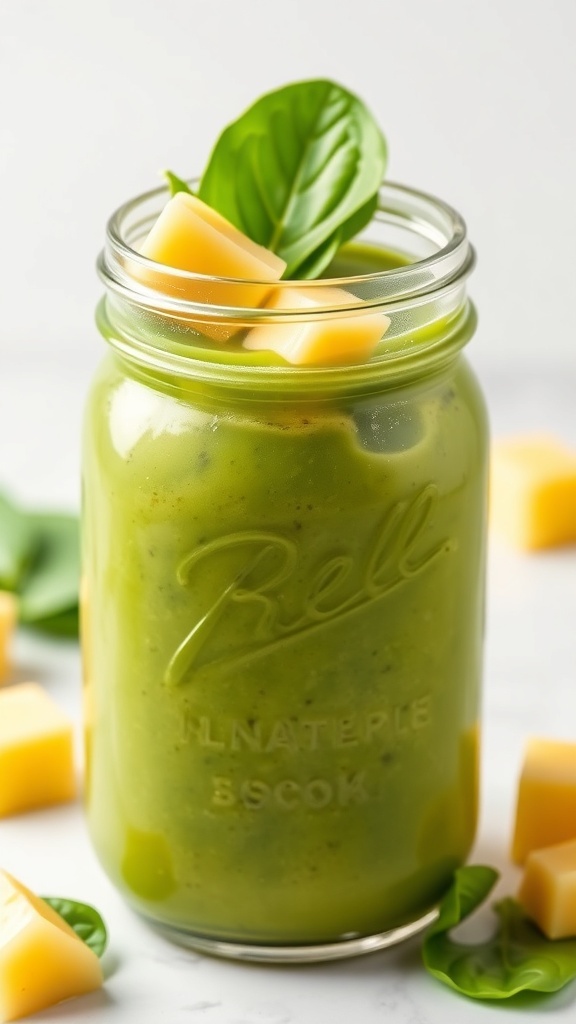 Detoxifying Pineapple Smoothie with spinach and pineapple chunks in a jar