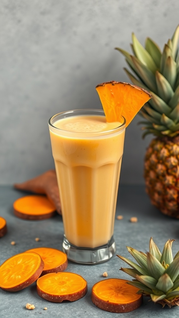 A glass of pineapple and sweet potato smoothie with a slice of pineapple on the rim, surrounded by fresh pineapple and sweet potato slices.