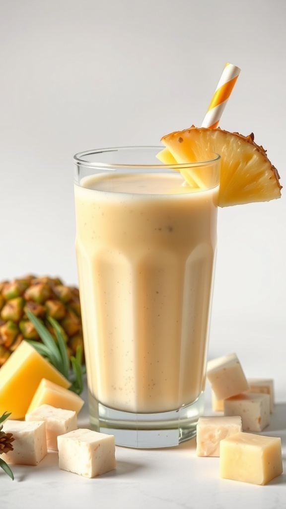 A refreshing pineapple and tofu smoothie in a glass with a slice of pineapple and tofu cubes around it.