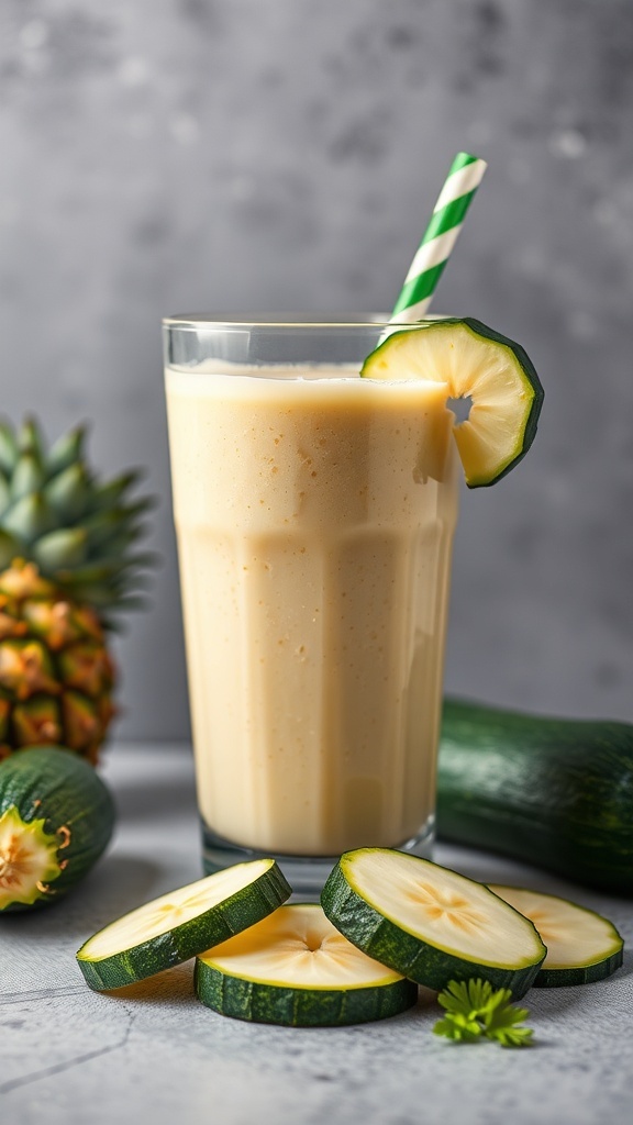 A refreshing pineapple and zucchini smoothie in a glass, garnished with a slice of pineapple and a green and white striped straw, surrounded by fresh pineapple and zucchini slices.