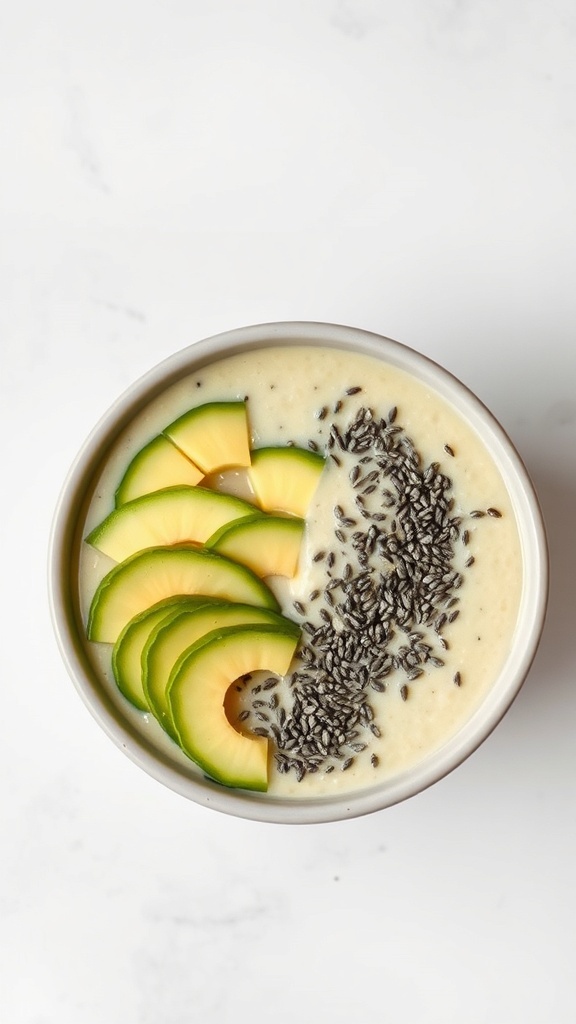 A bowl of pineapple avocado smoothie topped with sliced fruit and chia seeds.
