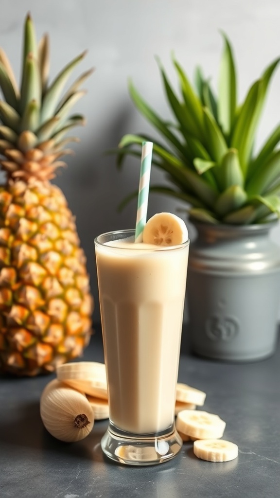 A refreshing pineapple banana smoothie in a tall glass with a striped straw, surrounded by fresh pineapple and banana slices.