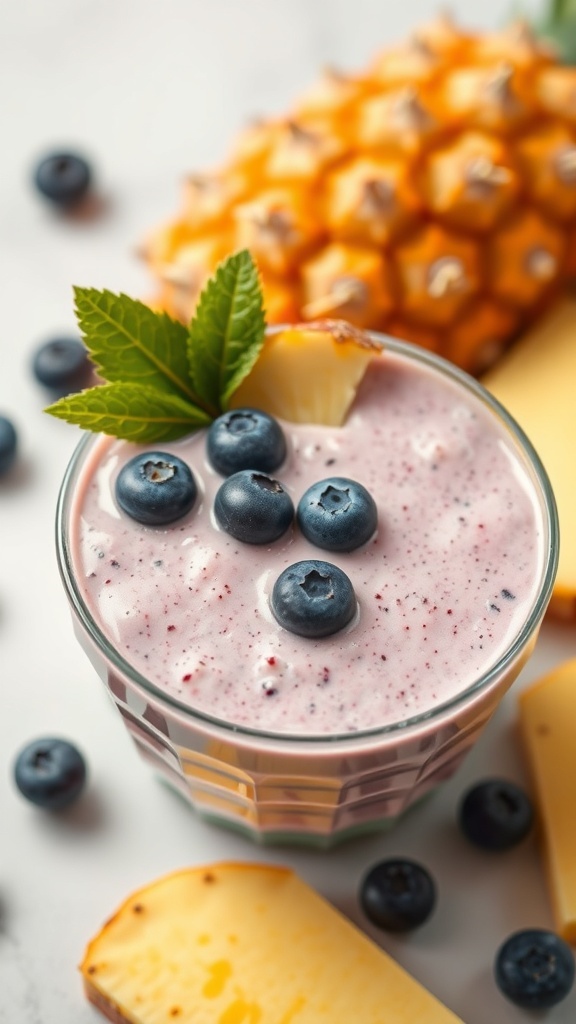 A creamy pineapple blueberry smoothie topped with blueberries and mint, with fresh pineapple in the background.