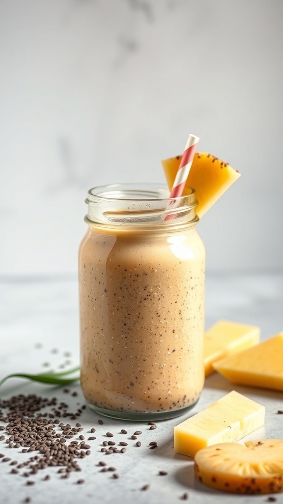 A creamy pineapple smoothie in a mason jar with a straw, topped with a slice of pineapple and surrounded by chia seeds and pineapple chunks.