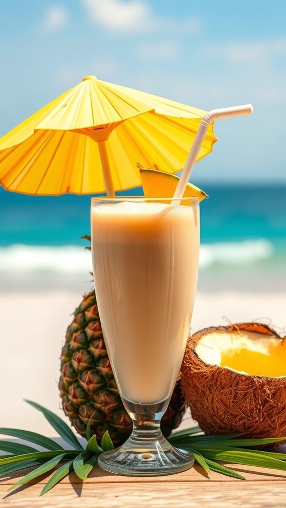A refreshing pineapple coconut smoothie with a yellow umbrella, fresh pineapple, and coconut on a beach.