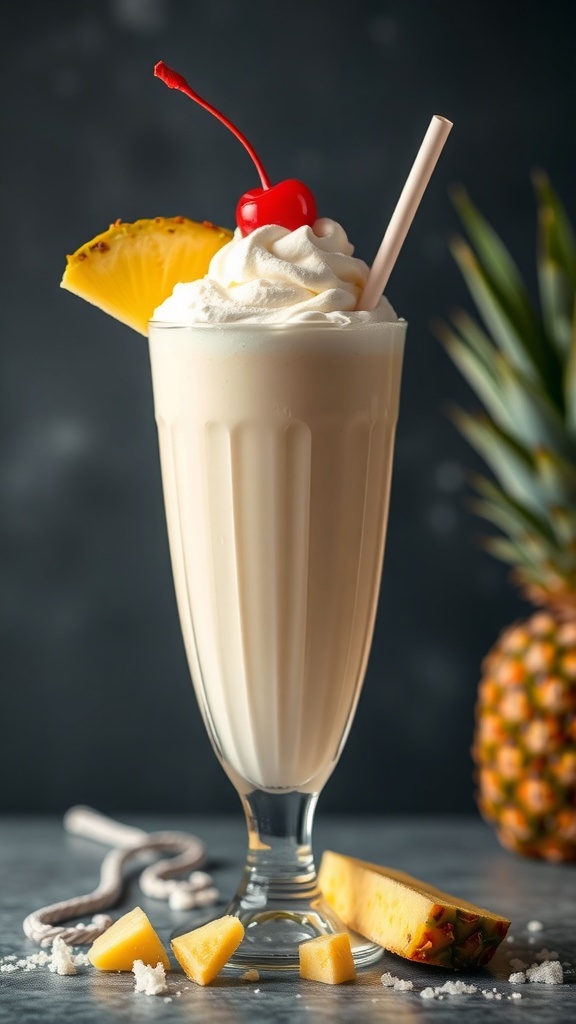 A delicious pineapple coconut milkshake topped with whipped cream and a cherry, with fresh pineapple slices nearby.