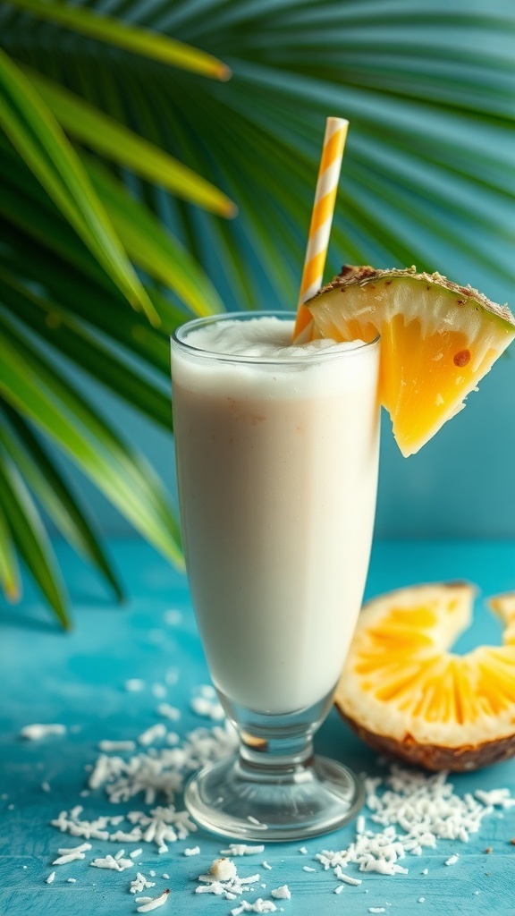 A refreshing pineapple coconut smoothie in a glass with a slice of pineapple on the rim.