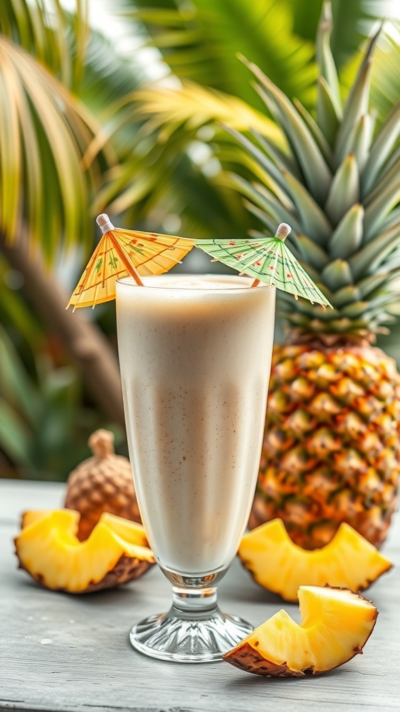 A refreshing pineapple coconut smoothie with decorative umbrellas, surrounded by fresh pineapple slices.