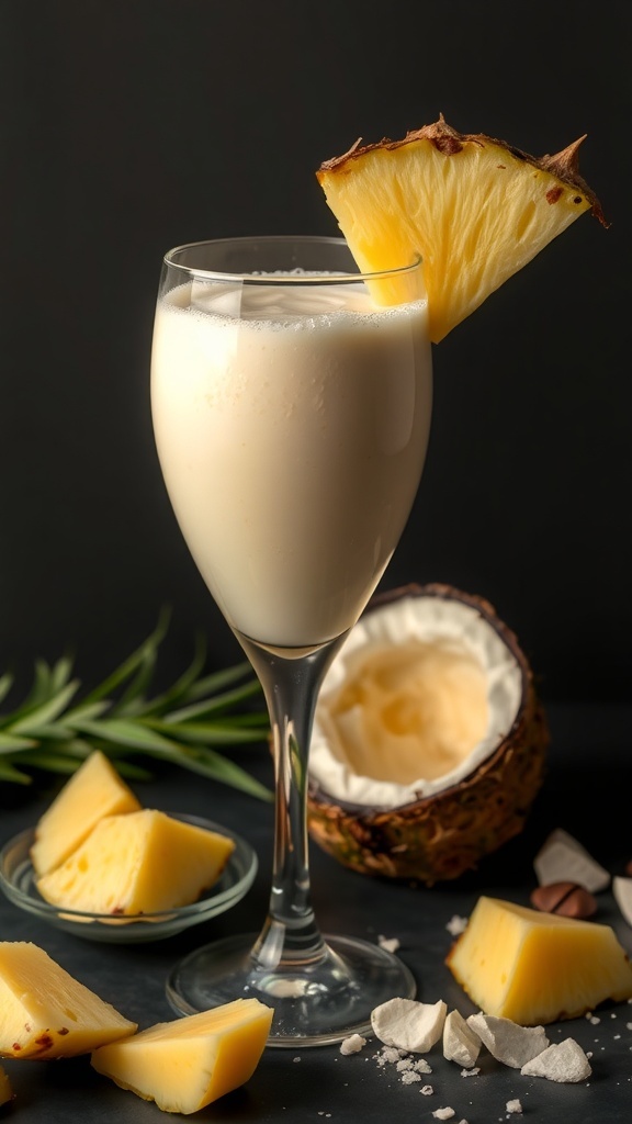 A glass of pineapple coconut smoothie garnished with a slice of pineapple, surrounded by fresh pineapple chunks and a coconut shell.