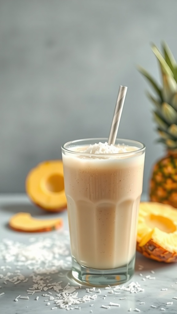 A refreshing pineapple coconut water smoothie in a glass with a straw, surrounded by fresh pineapple slices and shredded coconut.