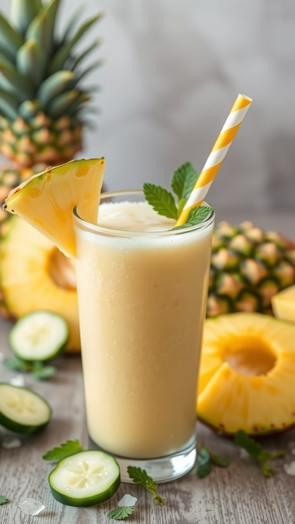 A refreshing pineapple cucumber smoothie garnished with a pineapple slice and mint, surrounded by fresh pineapples and cucumber slices.