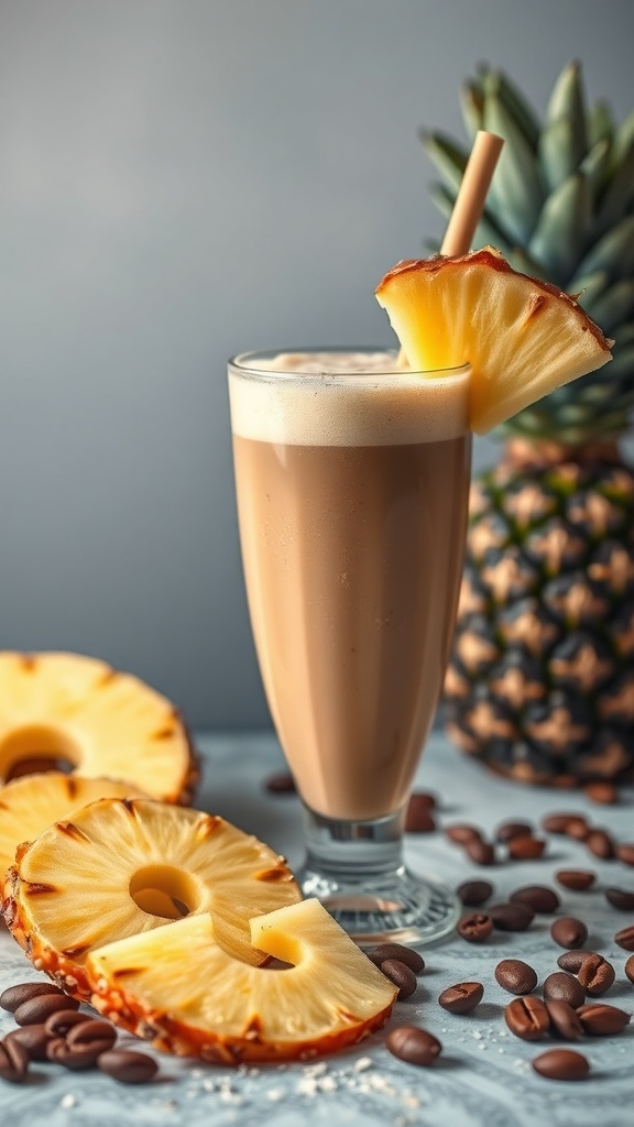A refreshing Pineapple Espresso Smoothie in a tall glass, garnished with a slice of pineapple, with whole pineapple and coffee beans in the background.
