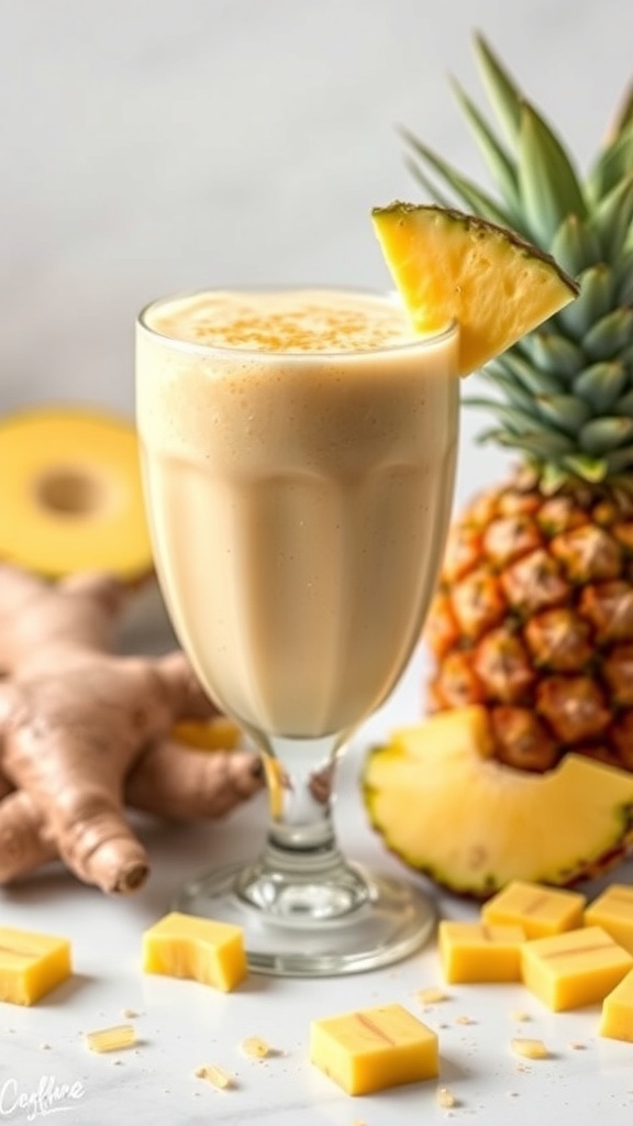 A refreshing Pineapple Ginger Zing smoothie in a glass, garnished with a pineapple slice, surrounded by fresh pineapple and ginger.
