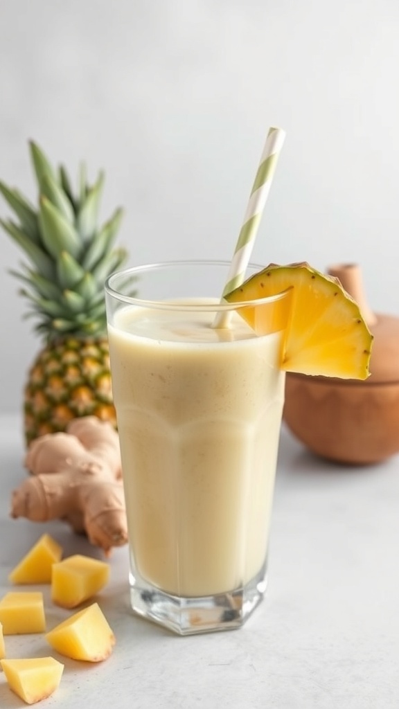 A glass of Pineapple Ginger Zing smoothie with a pineapple slice and ginger root in the background.